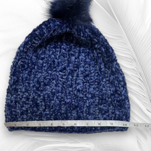 Handmade Blue Velvet Knit Beanie with Pom Pom Soft Winter Hat main image 4
